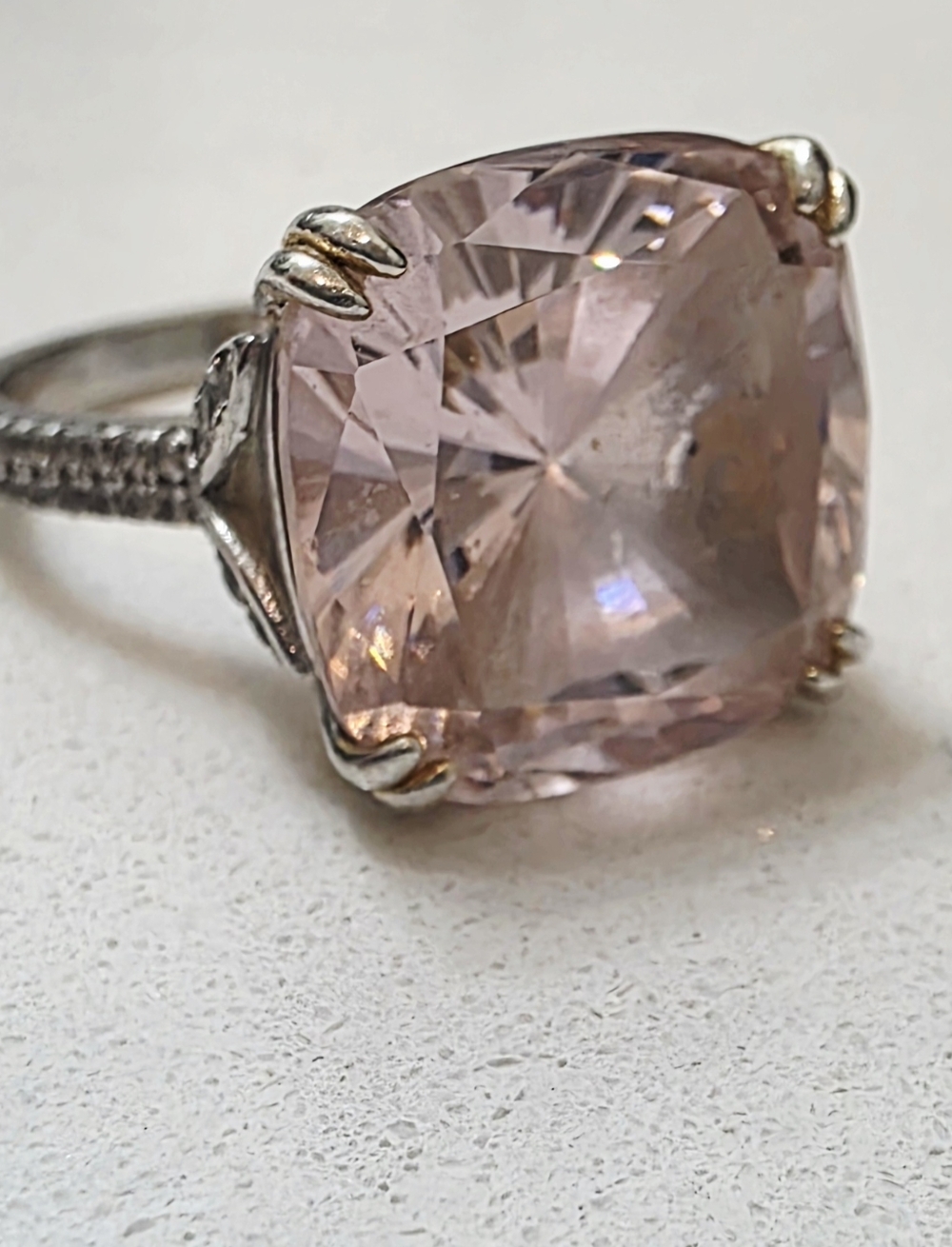 Sterling Silver Ring with Cushion-Cut Light Pink Stone